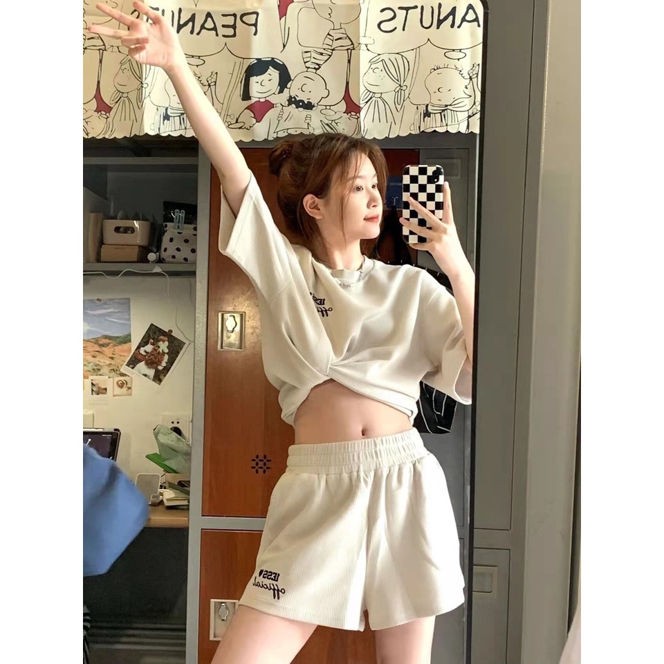 Set áo phông LESS mix quần short chất tổ ong / Bộ đồ thiết kế tay lỡ form rộng phối với quần đùi trẻ trung Nanashop