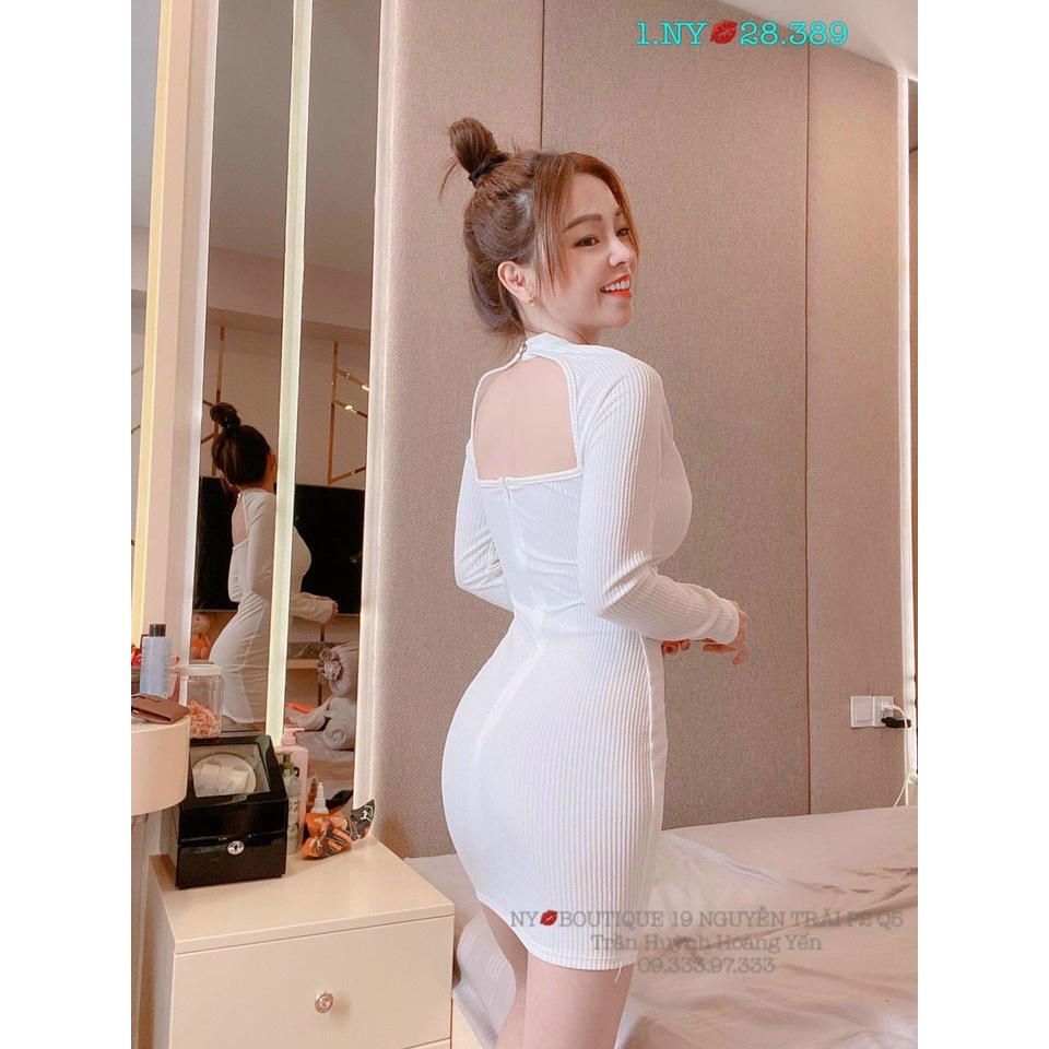 đầm gân body tay dài kiểu cổ chéo khoét ngực hở lưng