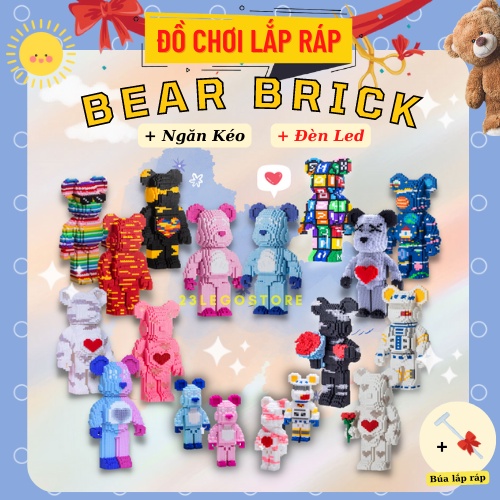 Bộ đồ chơi lắp ghép gấu BearBrick cỡ lớn 20-36cm  có tặng kèm búa lắp ráp, đèn led