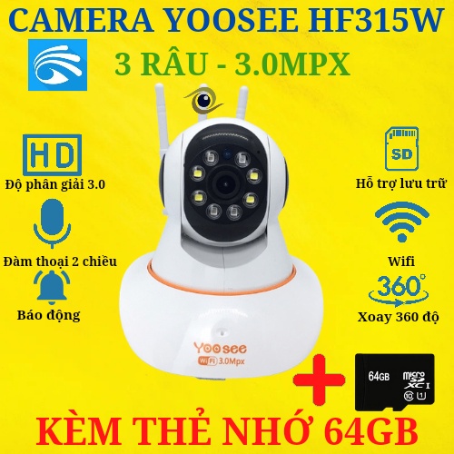 Camera Yoosee 3 râu, 3.0MPX, hỗ trợ cổng Lan, xoay 360 độ, đàm thoại 2 chiều HF315W, bảo hành 12 tháng