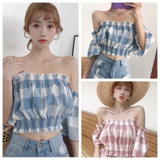 Áo Croptop Tay Ngắn Trễ Vai Họa Tiết Sọc Caro Quyến Rũ