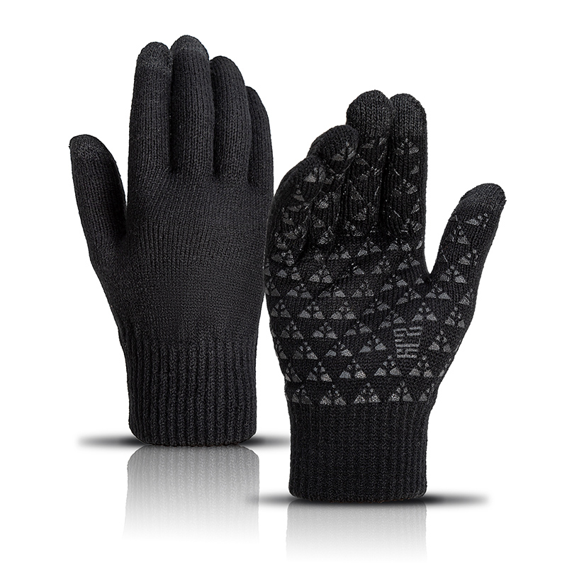 Găng tay 5 ngón bằng len dày dệt kim chống trượt cho mùa thu đông có thể chạm màn hình cảm ứng cho nam và nữ