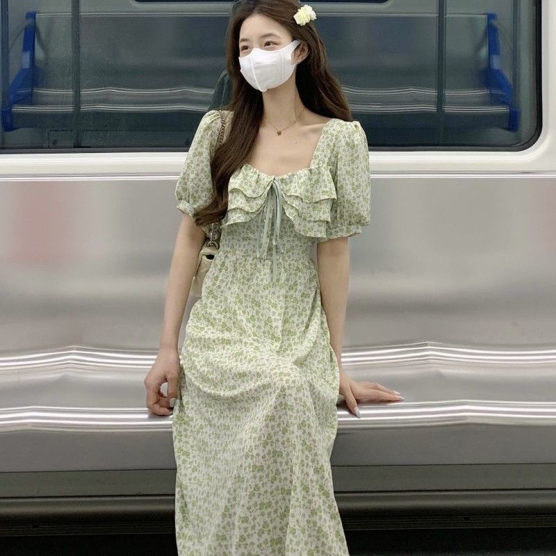 Đầm Midi Cổ Vuông Tay Phồng In Họa Tiết Hoa Thời Trang Mùa Hè Xinh Xắn Cho Nữ