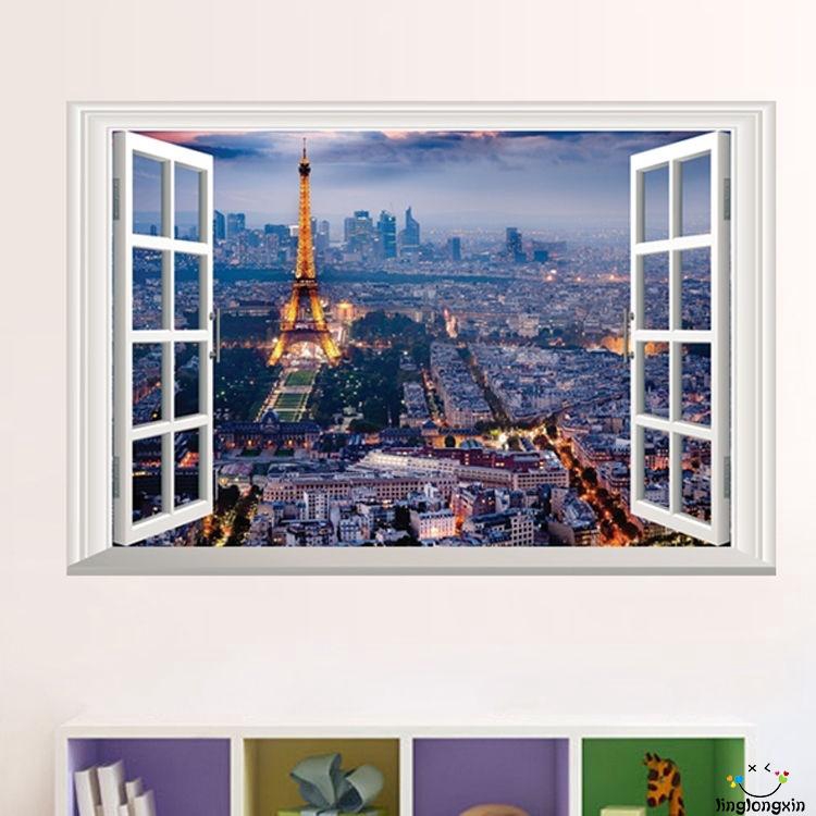 XAN-3D Wall Sticker Eiffel Tower Paris Night Views Window Decal Home Decor PVC