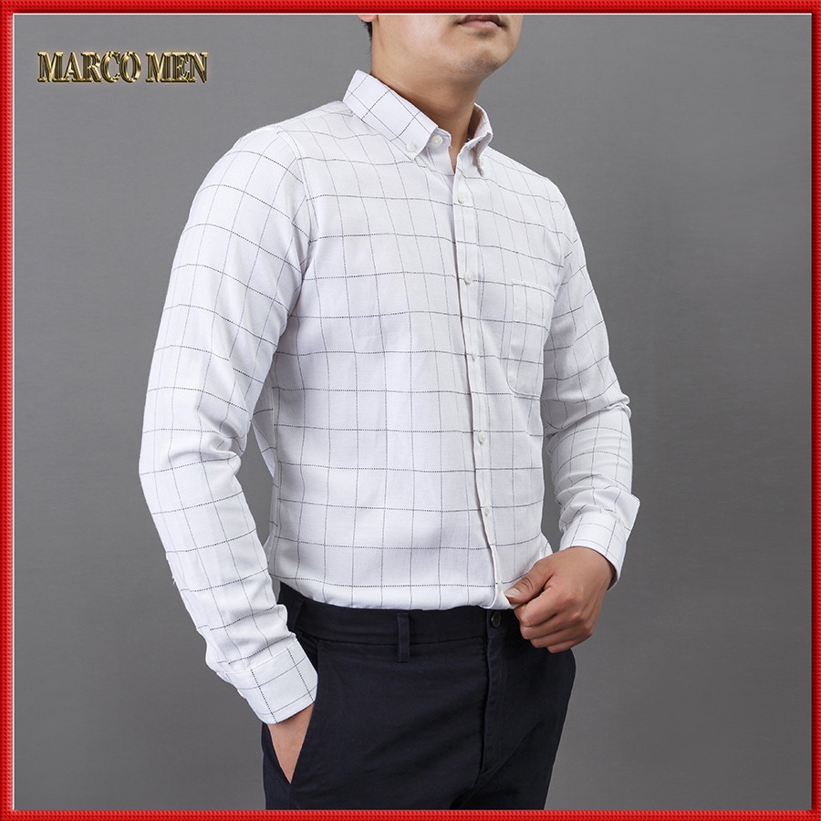 Áo sơ mi nam dài tay dáng Regular fit kiểu hàn quốc kẻ caro trắng vải Oxford thấm hút mồ hôi, chống nhăn CARO002