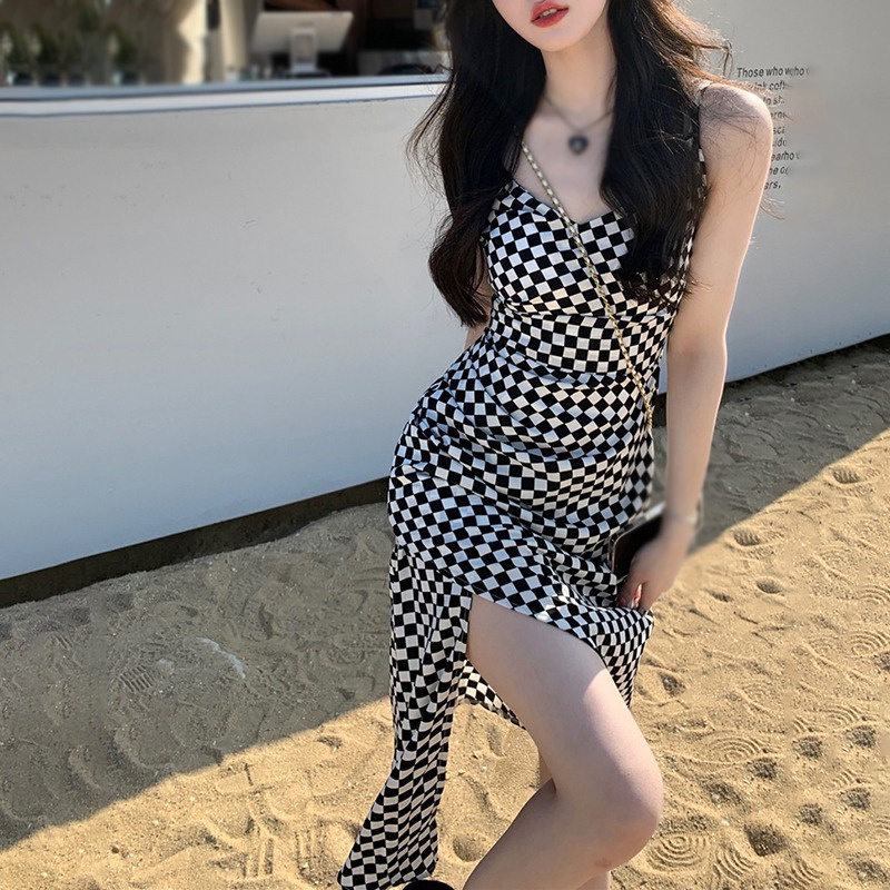 Đầm Hai Dây Dáng Ôm Họa Tiết Sọc Caro Phong Cách Hàn Quốc Thời Trang Mùa Hè Xinh Xắn Cho Nữ