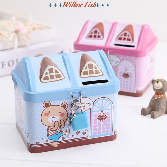 Con heo đất Ống Heo Tiết Kiệm Bằng Thiếc Hình Ngôi Nhà Hoạt Hình Dễ Thương Cho Bé