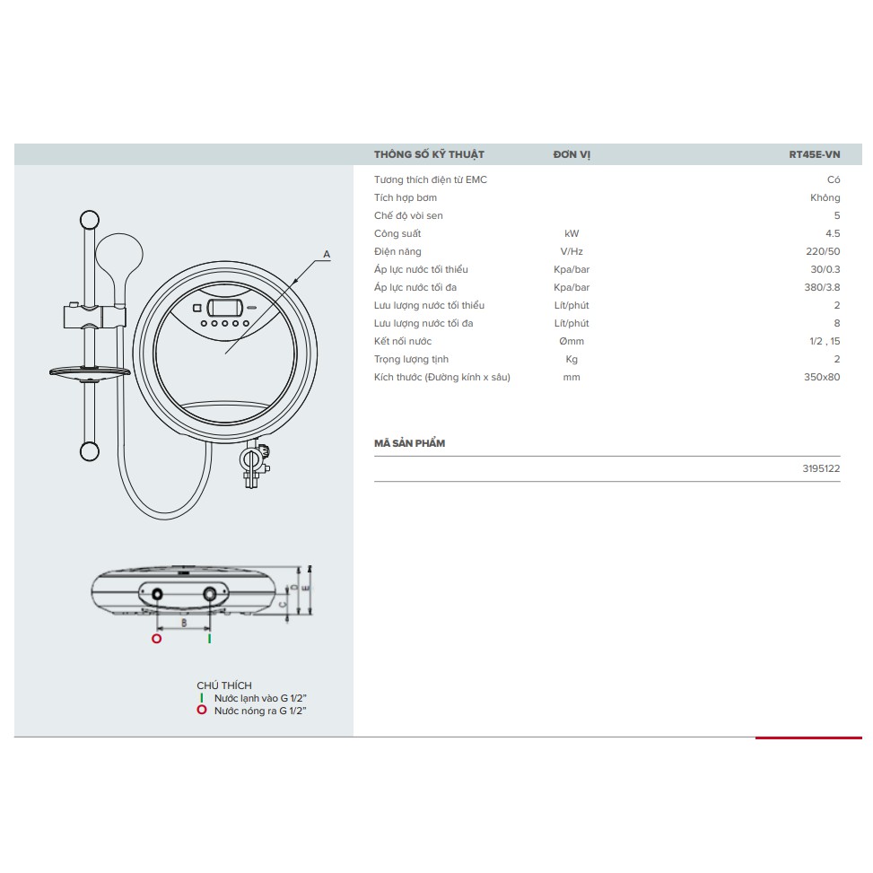 Máy nước nóng trực tiếp Ariston RT45PE-VN, hiển thị nhiệt độ, bơm trợ lực, chống giật tích hợp