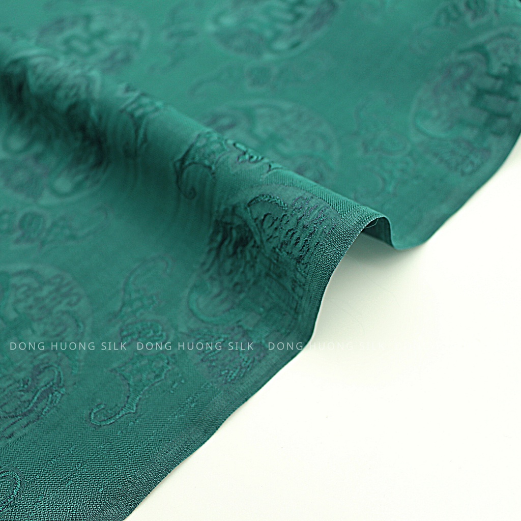Vải Lụa Hà Đông Satin Họa Tiết Thọ Dơi may áo dài Màu Xanh Lục Bảo - LHVS102 - mát, mềm, tôn dáng, quý phái, sang trọng