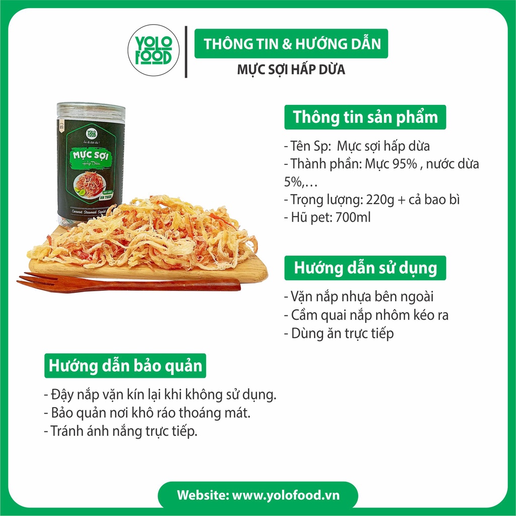 Khô mực hấp nước dừa xé sợi 220g  YOLO FOOD đồ ăn vặt ,ngon , chất lượng, đóng hộp ,atvstp