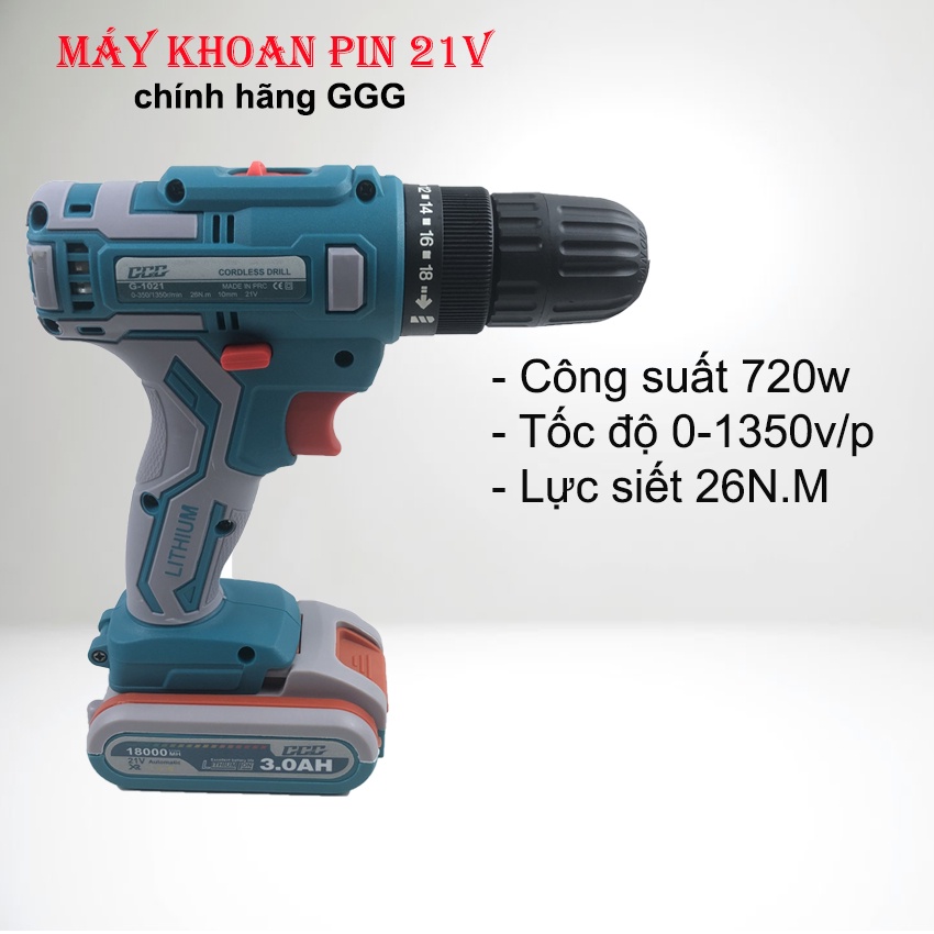 Máy khoan pin 21V-G1021 công nghệ Thái Lan, Công suất 720w, đèn LED siêu sáng |Tặng kèm bộ phụ kiện 25 chi tiết