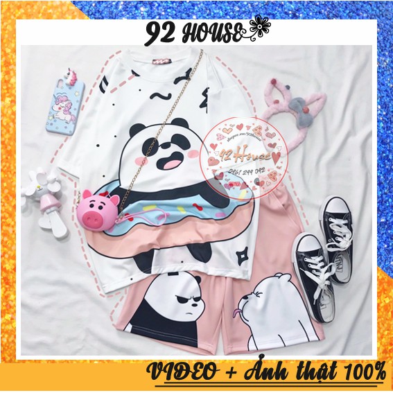 Áo thun tay lỡ unisex gấu trúc + Quần cartoon hình gấu freesize form rộng