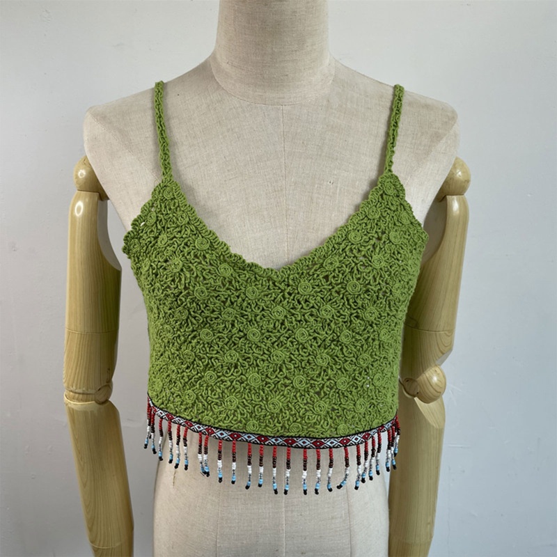 Brroa Áo Croptop Dệt Kim Hai Dây Cổ Chữ V Màu Trơn Họa Tiết Hoa Cúc Nhiều Màu Sắc Phong Cách Dân Tộc Cho Nữ