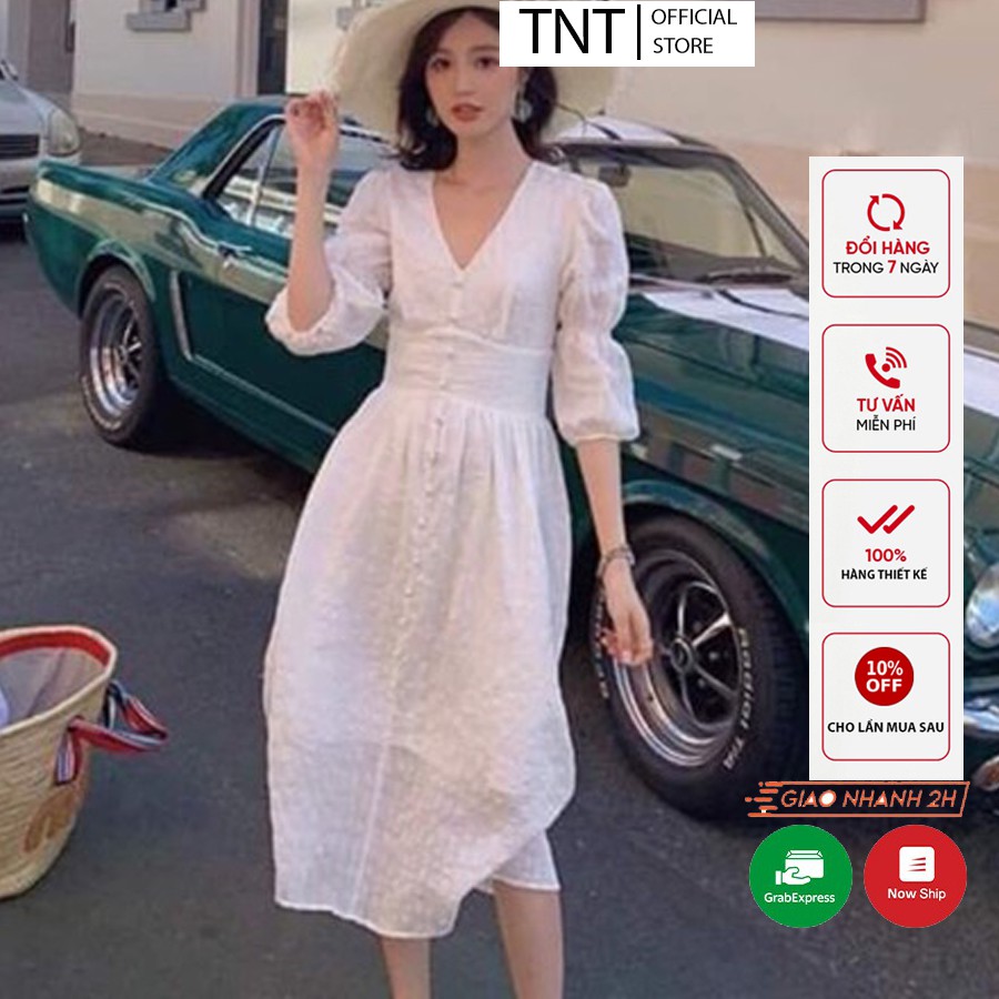 Váy xòe trắng nữ đẹp dự tiệc hàng thiết kế đầm nữ xòe trắng xinh hai lớp tay lỡ TNT