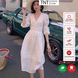 Váy xòe trắng nữ đẹp dự tiệc hàng thiết kế đầm nữ xòe trắng xinh hai lớp tay lỡ TNT