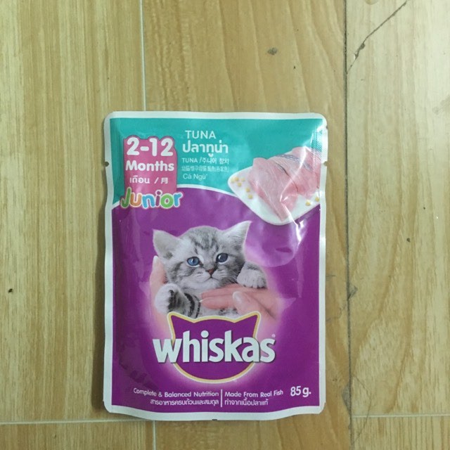 Pate Whiskas Tuna Junior ✅ vị cá ngừ cho mèo con từ 2 đến 12 tháng tuổi, gói nhỏ 85gr, date xa, giá rẻ