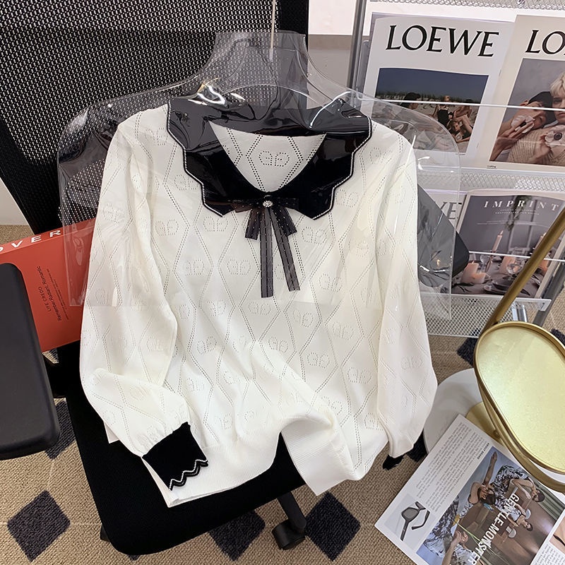 Áo Sweater Dệt Kim Tay Dài Cổ Búp Bê Màu Sắc Tương Phản Thời Trang Mùa