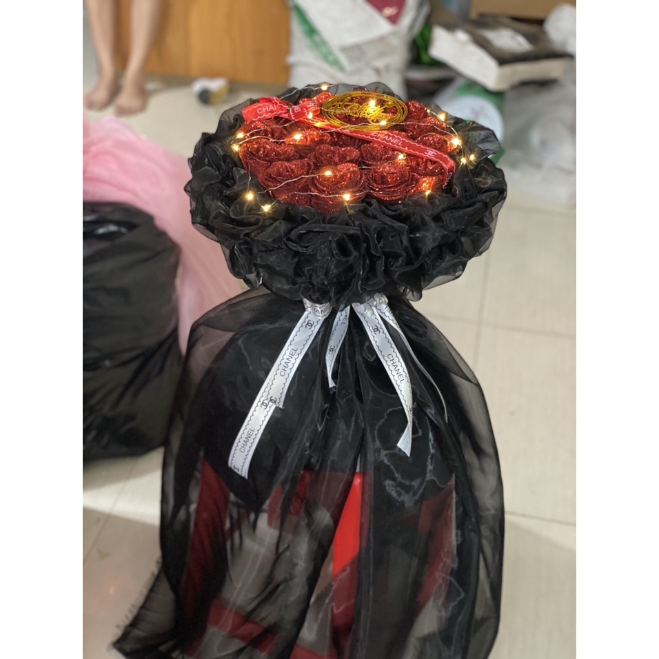 BÓ HOA NHŨ KIM TUYẾN CAO CẤP 30 BÔNG TRÒN BẰNG VẢI VOAN 30 BÔNG KÈM ĐÈN SIÊU ĐẸP SANG CHẢNH GIÁ SỈ RẺ