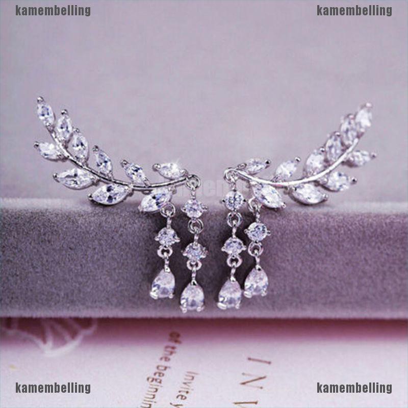 Bông tai tua rua hình chiếc lá đính đá zircon thời trang xinh xắn cho nữ