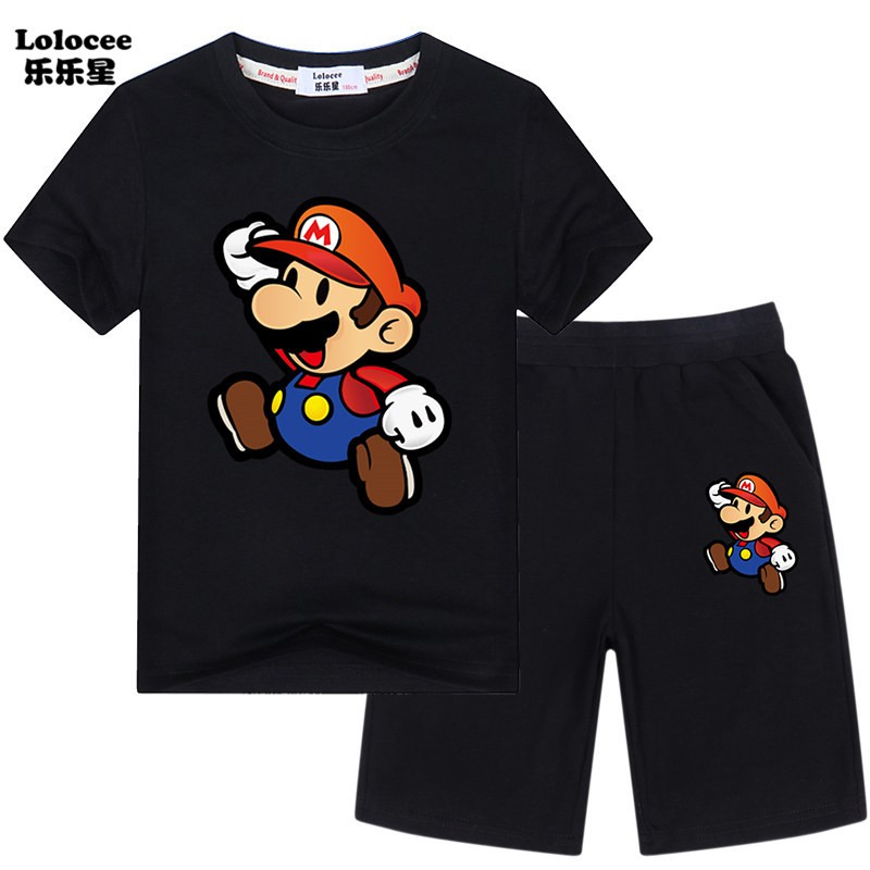 Bộ 2 Món Áo Thun Tay Ngắn &amp; Quần ngắn thể thao Short In Hình Super Mario Cho Bé Trai