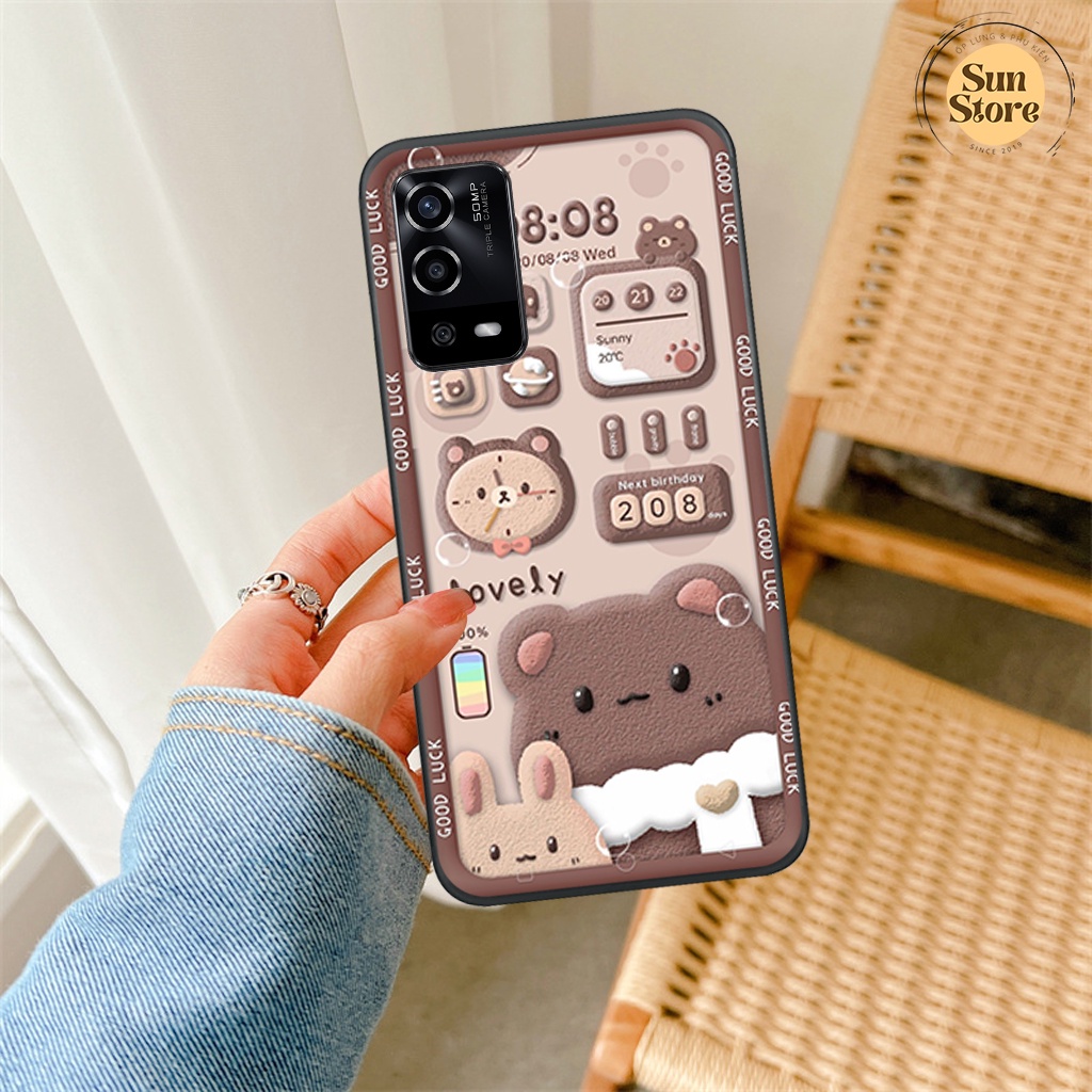 Ốp lưng Oppo A55 hoạ tiết 3D nền kẻ caro, gấu đáng yêu viền dẻo