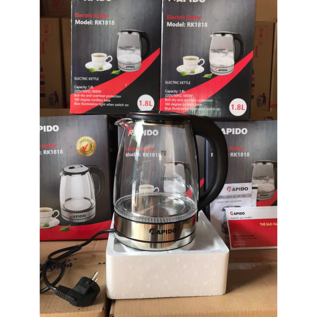 [HÀNG CHÍNH HÃNG] Ấm siêu tốc thuỷ tinh Rapido model 2019 RK1818 1,8L