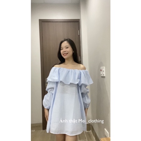 Váy trễ vai tiểu thư chất xốp, váy nữ dáng ngắn tay bồng