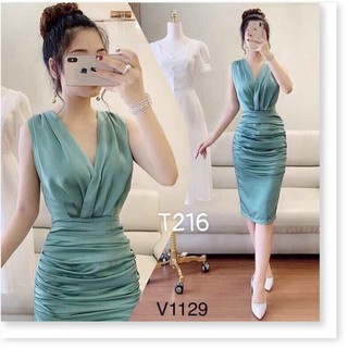Đầm body cổ chéo nhún có mút lụa satin cao cấp