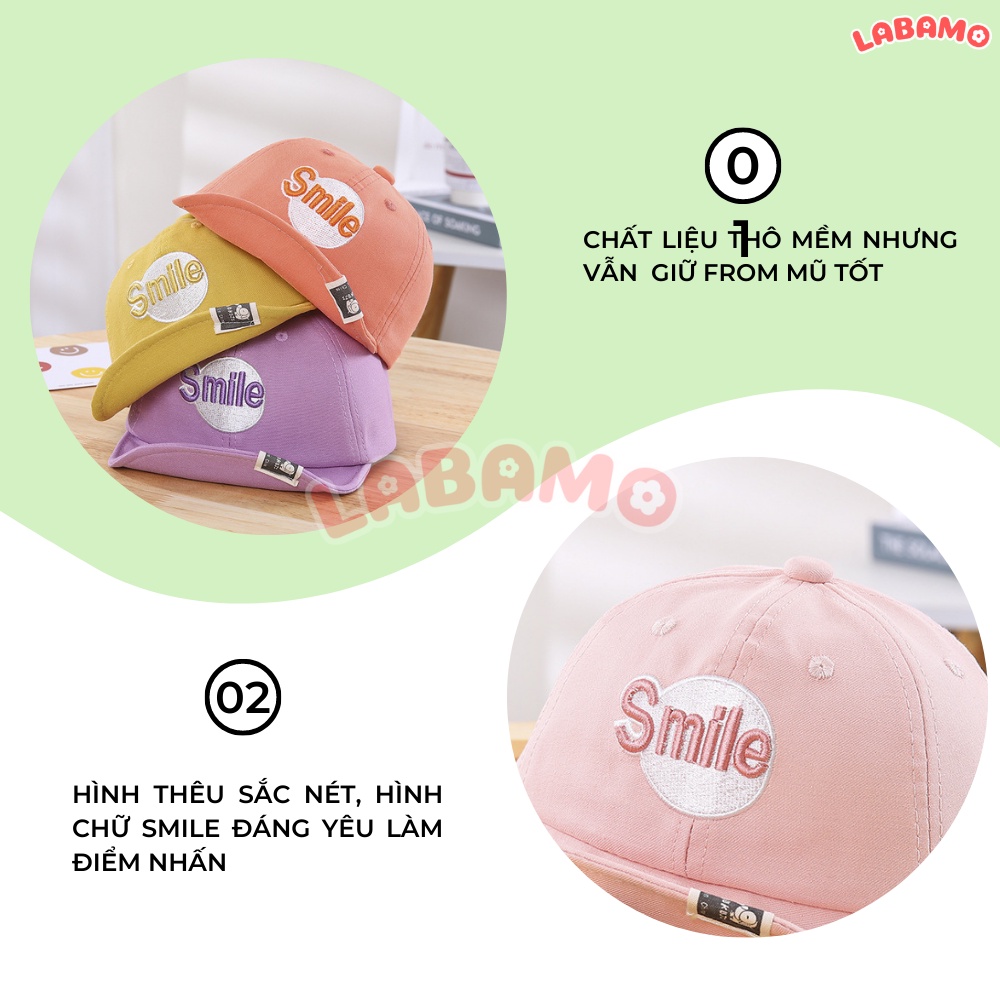 Mũ lưỡi trai cho bé trai bé gái thêu hoa tiết chữ smile phong cách hàn quốc LABAMO MU01