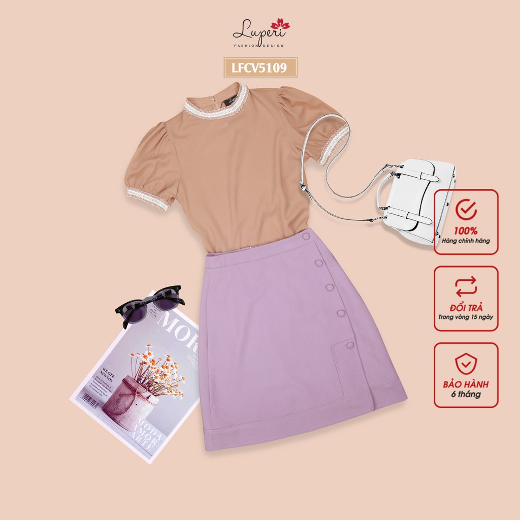 Chân Váy Dáng A Đính Cúc Bọc LUPERI LFCV5109 Chất Vải Co Giãn Mát