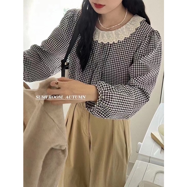 Áo Sơ Mi Caro Cổ Viền Bèo Tiểu Thư Theday