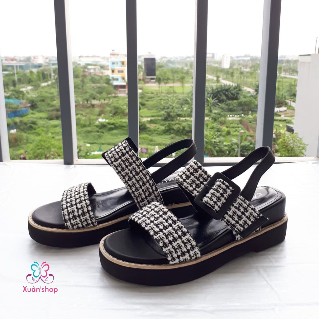 Sandal đế xuồng quai ngang, họa tiết caro độc đáo, quai dán, đế 5.5cm (có sẵn)