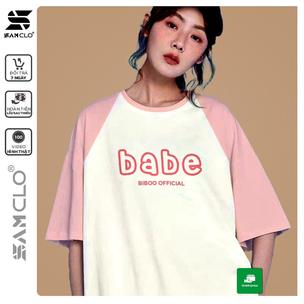 Áo thun nữ tay lỡ SAM CLO freesize phông form rộng dáng Unisex, mặc lớp, nhóm, couple phối tay chữ BABE