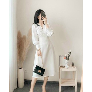 Đầm dáng xòe vintage ⚡️freeship⚡️ cổ v tay dài nút bọc