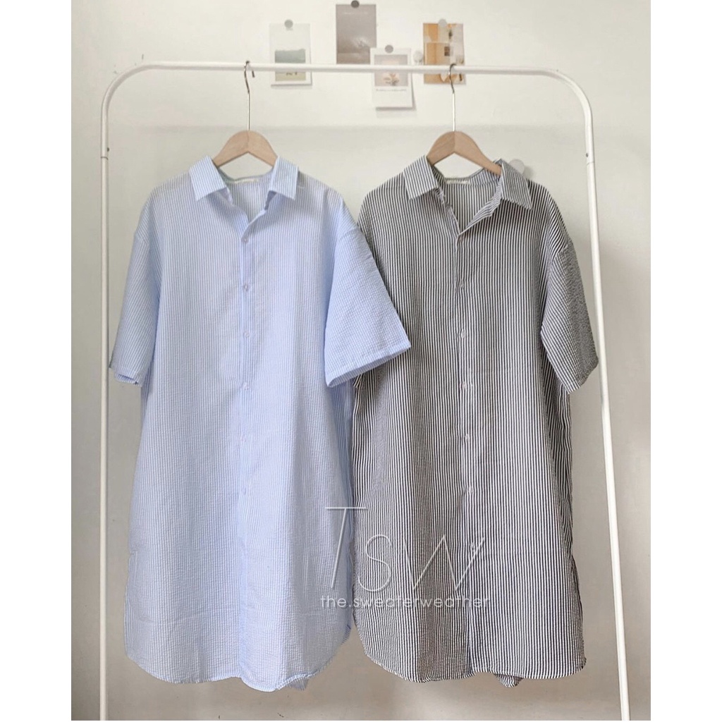 Váy sơ mi kẻ sọc dáng suông form rộng - Đầm sơ mi cổ đức dáng dài