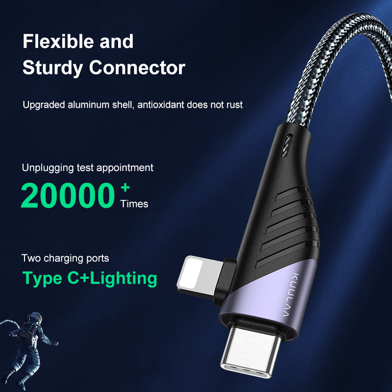 Dây Cáp KUULAA KL-X47 Chuyển Đổi Đầu Type C Sang 2 Đầu Type C và Lightning Đa Năng Hỗ Trợ Sạc Nhanh 60W