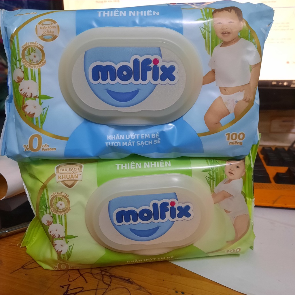 Khăn ướt Molfix 100 tờ thiên nhiên sạch khuẩn dịu nhẹ tươi mát với bông Organic tự nhiên hộp 100 tờ