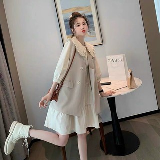 Set đầm babydoll kem cổ sen + áo khoác vest nude 2 lớp có lót trong dày dặn