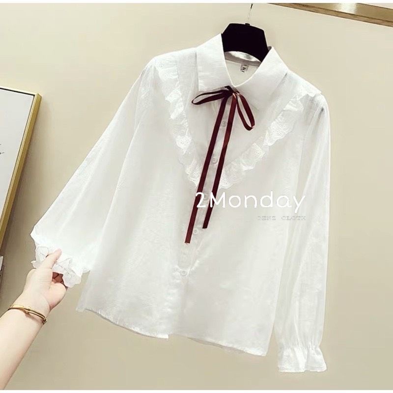 [Ảnh thật] Áo sơ mi tiểu thư ren tay nơ nâu siêu xinh