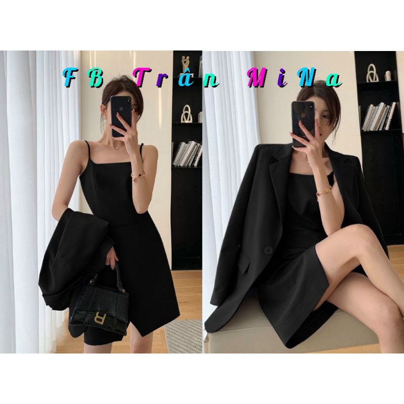 Set đầm nữ 2 dây đen phối áo khoác vest form dài cá tính ( Bảo Trân Tít)