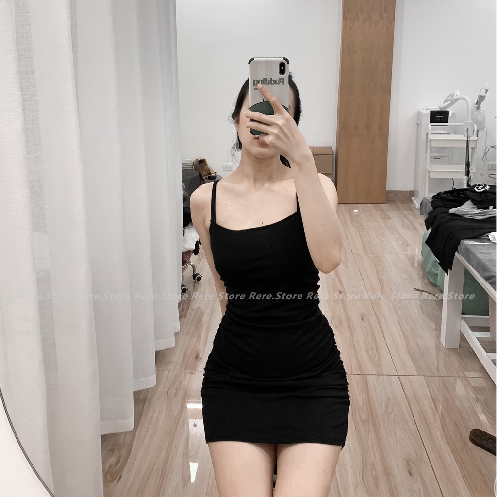 Váy Thun Hai Dây Bóp Eo Nữ - Rere.Store [FREESHIP] - Đầm body dáng ôm sexy co giãn nhiều màu Ulzzang