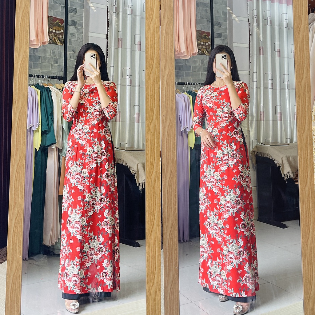 Áo dài đỏ hoa nhí - Áo dài đỏ đô in hoa đào