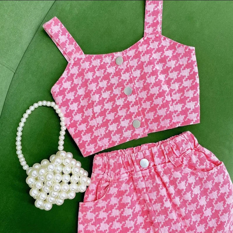 Váy công chúa Set Áo Sát Nách + Chân Váy Hồng Họa Tiết Houndstooth Thời Trang Mùa Hè 2022 Cho Bé Gái