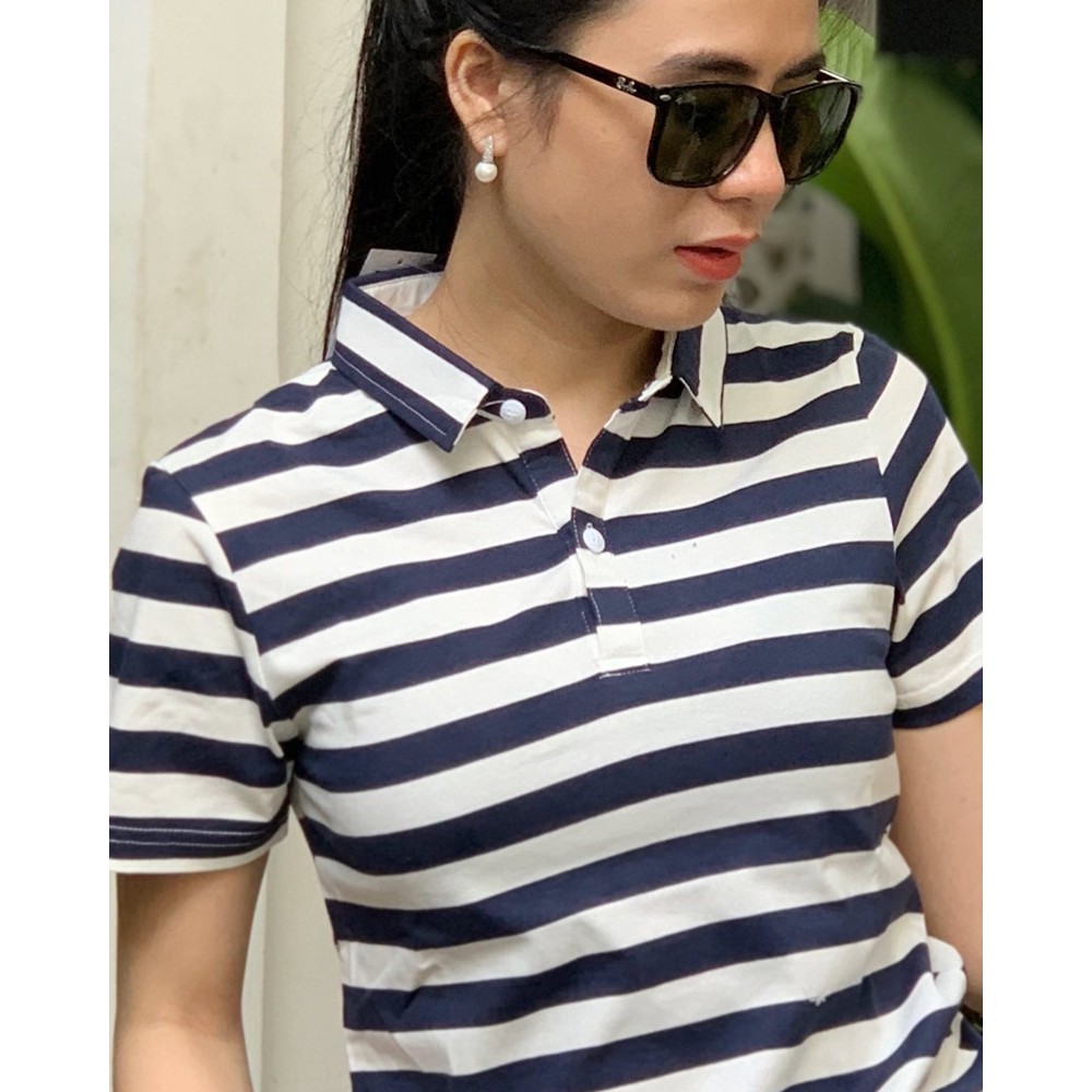 Áo thun nữ Polo cổ sơ mi TOLI, chất cotton 4 chiều mềm mịn, co dãn Sọc ngang 2cm màu ngói thời trang