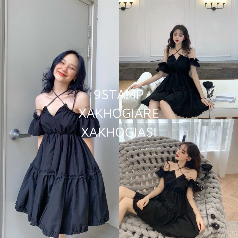 (CLIP THẬT) Đầm babydoll trễ vai dự tiệc đen tay bồng thắt dây nơ cổ | BigBuy360 - bigbuy360.vn