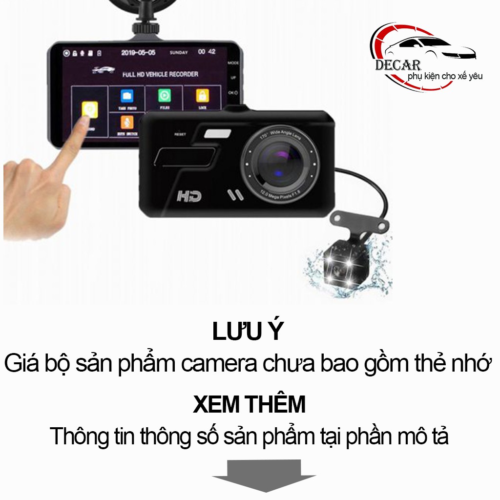 Camera hành trình ô tô màn hình cảm ứng 4 inch full HD 1080, tích hợp camera lùi 720 lắp oto, xe hơi sắc nét