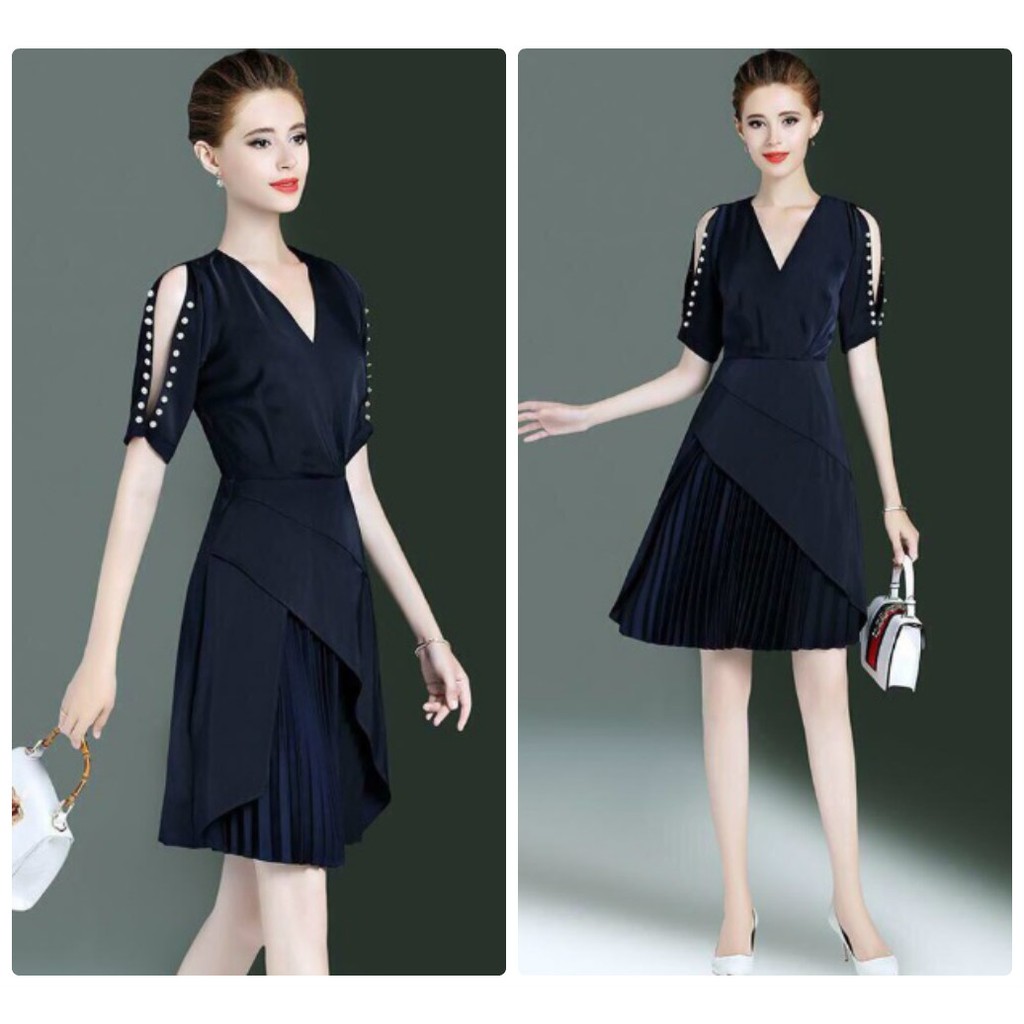 Đầm xòe vạt xéo dập li đính ngọc - HK