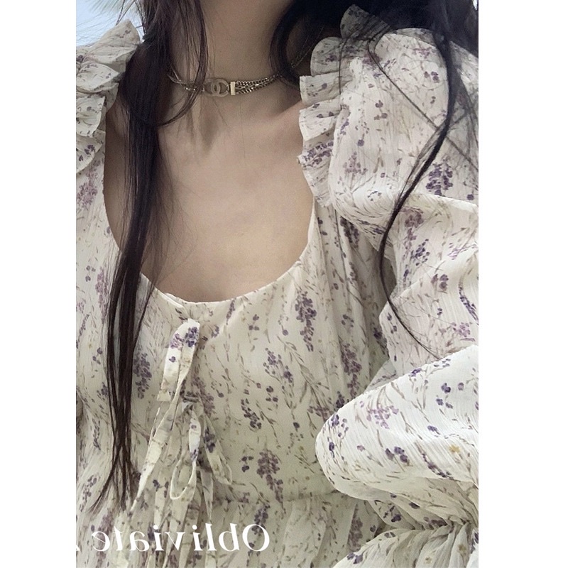 Đầm voan hoa nhí Hàn Quốc tay phồng xẻ vạt dáng xoè