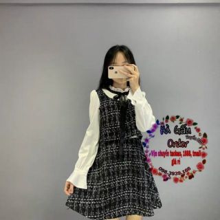 Váy liền thân cổ trắng nhún nơ tay bo [ Hàng Order] . sẵn  TRẮNG XL  hagauorder hagauorder