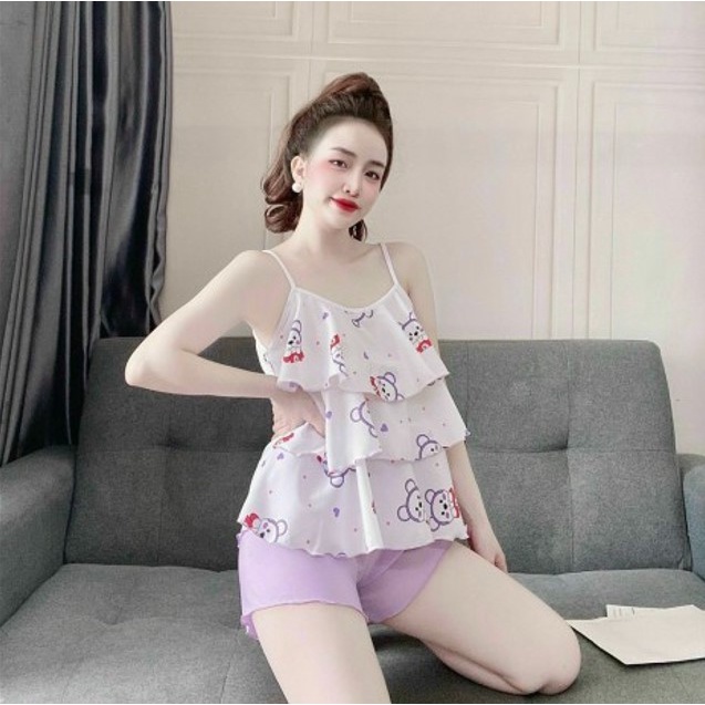Đồ bộ 2 dây 3 tầng quần đùi - Đồ bộ kate đùi - Đồ bộ nữ - Đồ bộ mặc nhà